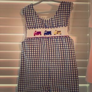 House of Hatten Firetruck Smocked Jon Jon 2T